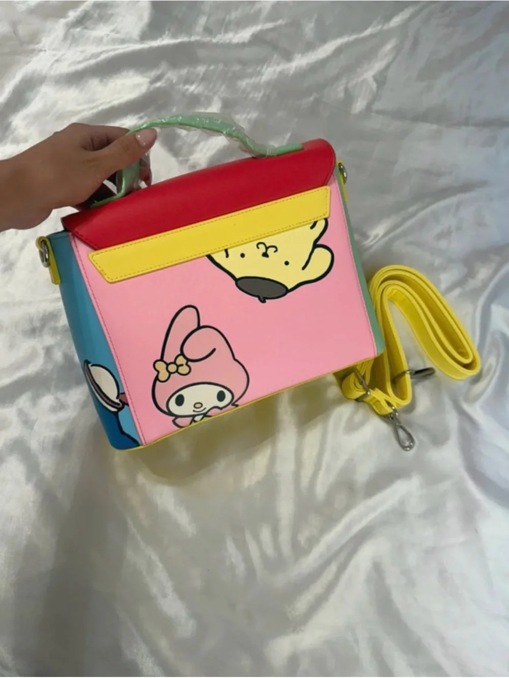Sanrio Hello Kitty Colorblock Satchel in Red, Blue, Green